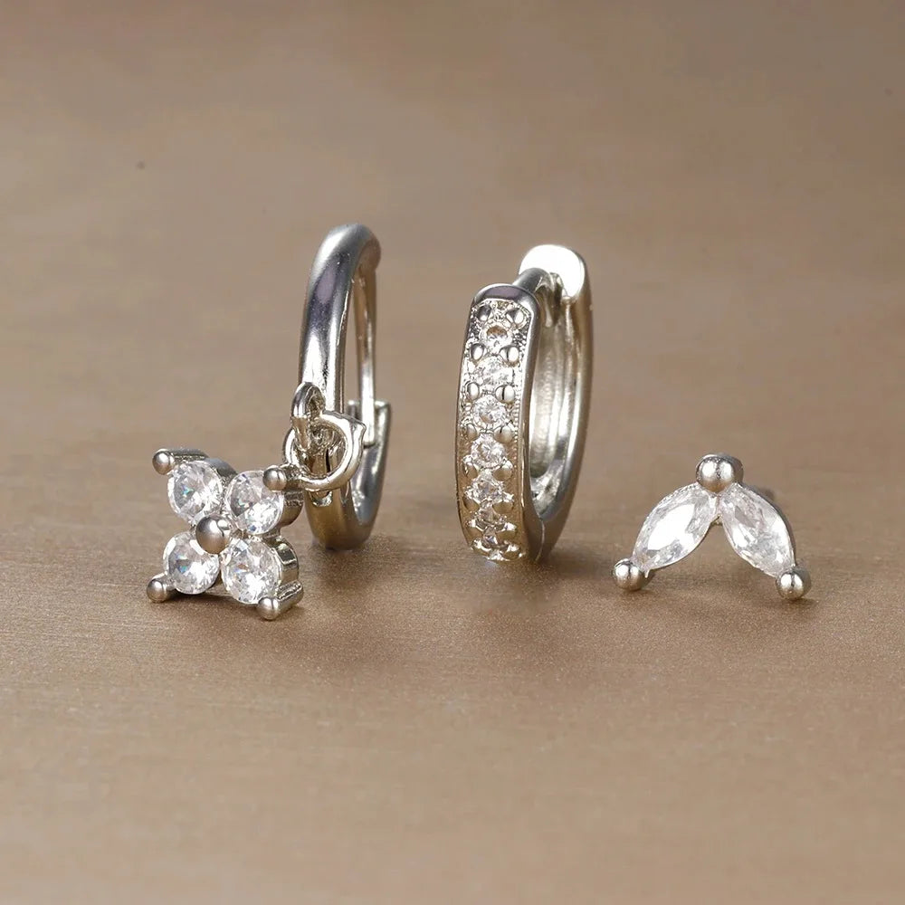 3PCS Floral Zirconia Drop Earrings Set